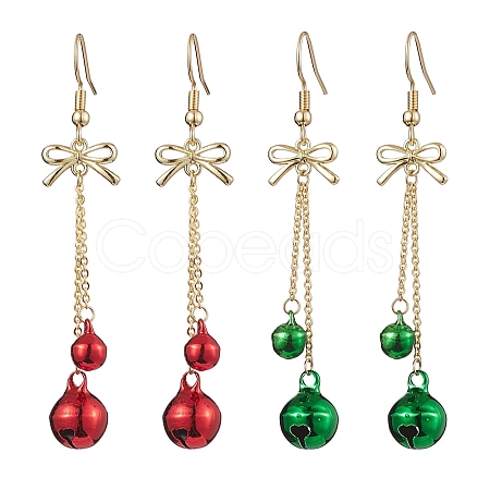 2Pairs 2 Colors Christmas Theme Brass Bell & Bowknot Dangle Earrings EJEW-JE05824-1