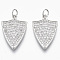 Brass Micro Pave Cubic Zirconia Pendants, Nickel Free, Shield, Clear, Real Platinum Plated, 23x15.5x2mm, Hole: 4mm