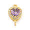 Brass Pave Cubic Zirconia Connector Charms, Heart Links, Golden, Medium Orchid, 15x9x6mm, Hole: 1.2mm