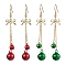 2Pairs 2 Colors Christmas Theme Brass Bell & Bowknot Dangle Earrings, Tassel Cable Chains Earrings for Women, Mixed Color, 69x13mm, 1pair/color