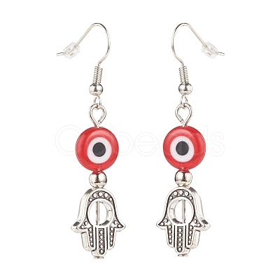 Lampwork Evil Eye with Hamsa Hand Dangle Earrings EJEW-JE05007-1