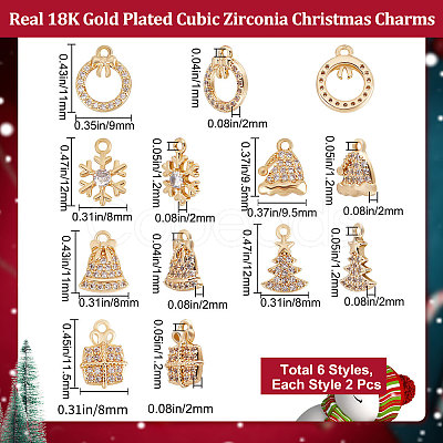 Beebeecraft 12Pcs 6 Style Brass Micro Pave Cubic Zirconia Charms KK-BBC0005-29-1