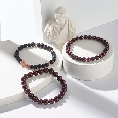 Natural Garnet & Lava Rock Round Beads Stretch Bracelets Set BJEW-JB06982-01-1