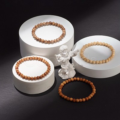 6mm Round Natural Mixed Wood Beads Stretch Bracelet BJEW-JB07360-1