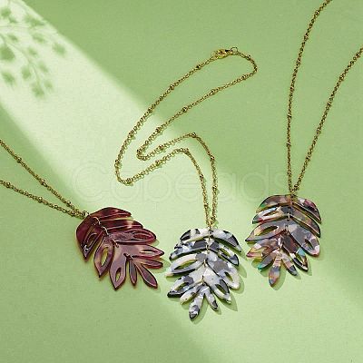 3Pcs 3 Colors Resin Leaf Pendant Necklaces NJEW-JN03989-1