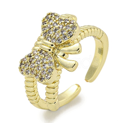 Bowknot Brass Micro Pave Cubic Zirconia Open Cuff Ring for Women RJEW-E296-11G-1