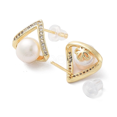 Triangle Natural Pearl Ear Studs with Brass Micro Pave Cubic Zirconia and 925 Sterling Silver Pins EJEW-P256-85G-1