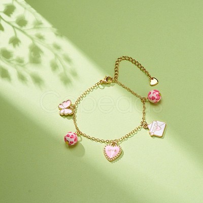 Word Love Heart Butterfly Alloy Enamel Charms Bracelet with Resin Beads BJEW-JB08677-1