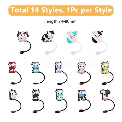 DICOSMETIC 14Pcs 14 Style Cow Theme Silicone Straw Cap AJEW-DC0001-46-1