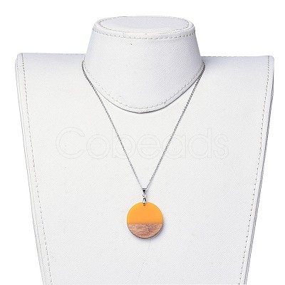 Flat Round Resin & Wood Pendant Necklaces NJEW-JN02324-M-1