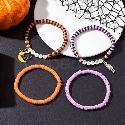 4Pcs Halloween Theme Handmade Polymer Clay Beaded Stretch Bracelets BJEW-TA00469-1