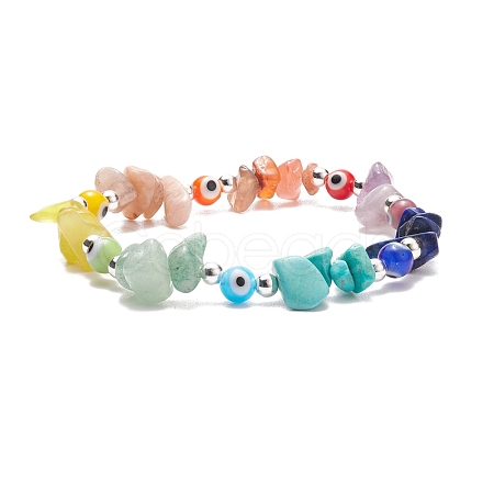 Natural & Synthetic Mixed Gemstone Chips Stretch Bracelet with Lampwork Evil Eye for Women BJEW-TA00133-1