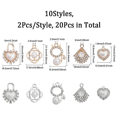 CHGCRAFT 20Pcs 10 Style Alloy Rhinestone Pendants ALRI-CA0001-13-1