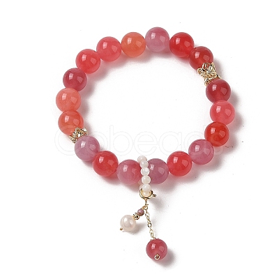 10.5mm Round Dyed Natural Gemstone & Natural Pearl Beaded Stretch Bracelets BJEW-C068-09G-1