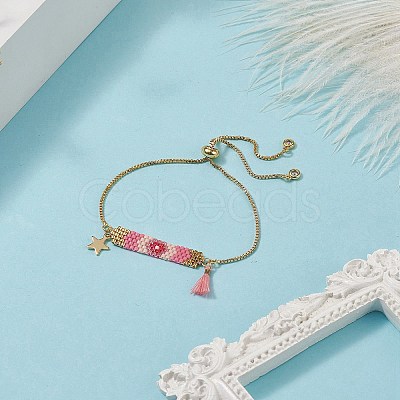 Handmade Japanese Seed Rectangle & Star & Tassel Charms Slider Bracelet BJEW-MZ00013-02-1