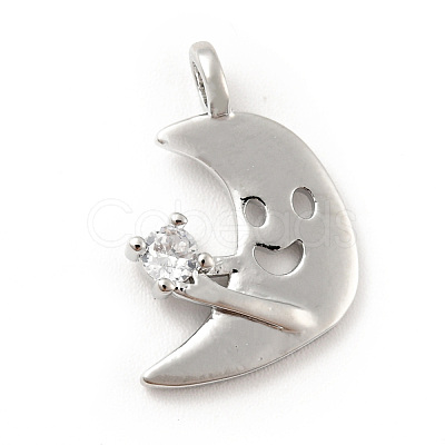 Moon with Smiling Face Brass Micro Pave Clear Cubic Zirconia Pendants KK-G425-07P-1