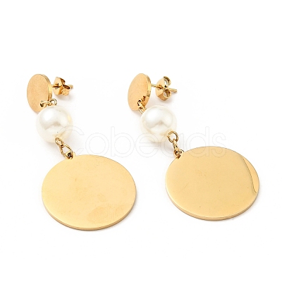 Flat Round with Acrylic Pearl Long Dangle Stud Earrings with 316 Stainless Steel Pins EJEW-F285-18G-1