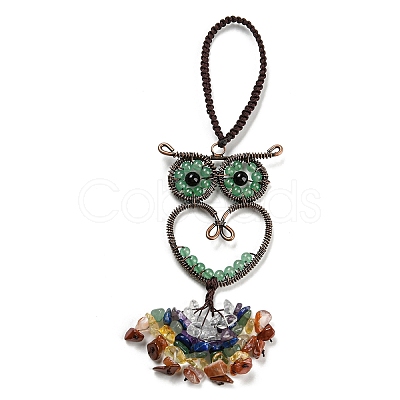 Wire Wrapped Brass Owl & Natural Green Aventurine Pendant Decoration HJEW-C006-01C-1