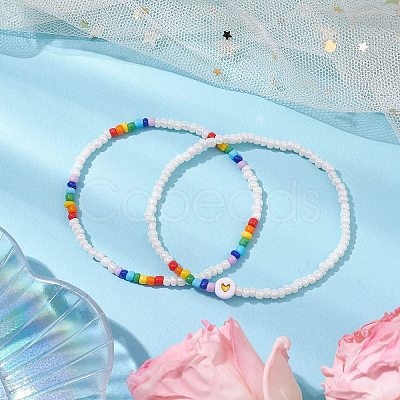 2Pcs 2 Styles Heart Glass Seed Beaded Stretch Bracelet Sets BJEW-JB10530-01-1