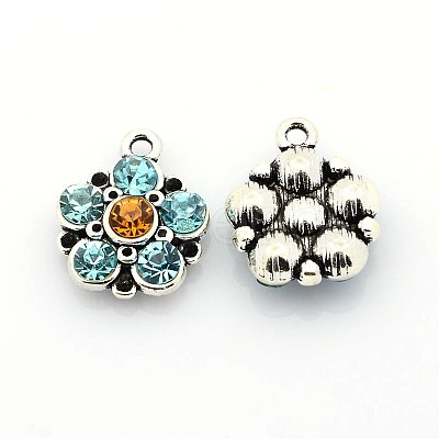 Antique Silver Plated Alloy Rhinestone Flower Pendants ALRI-N016-04-1