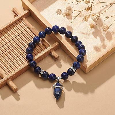 Natural Lapis Lazuli(Dyed) Round Beaded Stretch Bracelet with Bullet Charms BJEW-JB09018-01-1