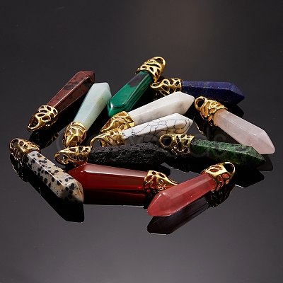 12Pcs 12 Style Bullet Natural Mixed Gemstone Pointed Pendants G-SZ0001-65-1