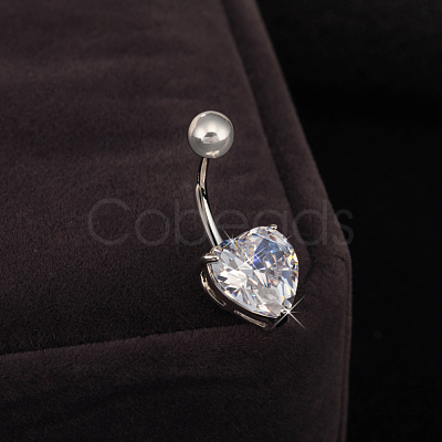 Platinum Plated Body Jewelry Heart Cubic Zirconia Brass Navel Ring Navel Ring Belly Rings AJEW-EE0001-01B-1