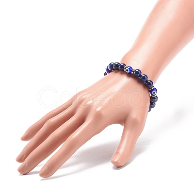 Natural Lapis Lazuli(Dyed) & Lampwork Evil Eye Round Beaded Stretch Bracelet BJEW-JB08713-05-1