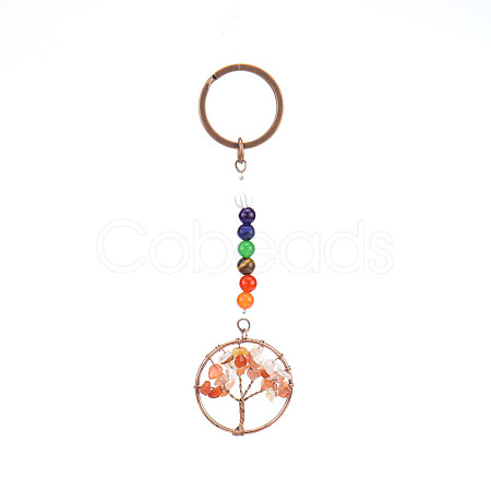 Flat Round with Tree of Life Natural Carnelian Chips Keychains PW-WG79447-02-1