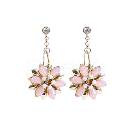 Flower Shape Brass Glass Imitation Rose Quartz Dangle Earrings EJEW-BB65719-A-1