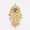 Brass Micro Pave Cubic Zirconia Links, Hamsa Hand/Hand of Fatima/Hand of Miriam, with Eye, Golden, 23.5x12.5x4mm, Hole: 1mm