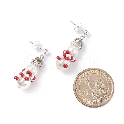 Shell Pearl & Glass Braided Christmas Snowman Dangle Stud Earrings EJEW-TA00089-1