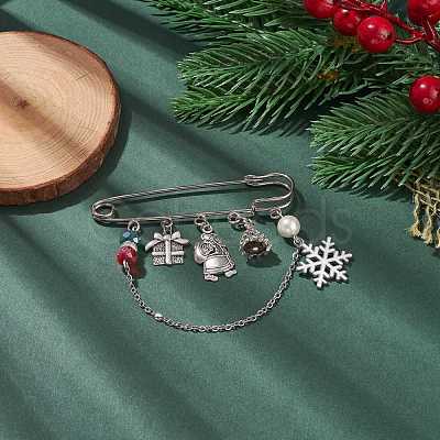 Christmas Gift Box & Snowflake & Santa Claus Charms Alloy Safety Pin Brooch JEWB-TA00001-1