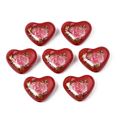 Flower Printed Opaque Acrylic Heart Beads SACR-S305-28-I04-1