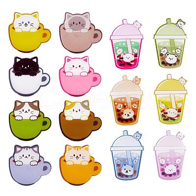 14 Pieces Acrylic Brooch Pins Set Cup Cat and Animal Milk Tea Label Pins Cute Cartoon Animal Badges Pins Creative Backpack Pins Jewelry for Jackets Clothes Hats Decorations JBR111A-1