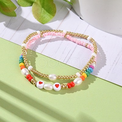 2Pcs 2 Style Glass Seed Stretch Beaded Bracelets Set BJEW-JB07666-1