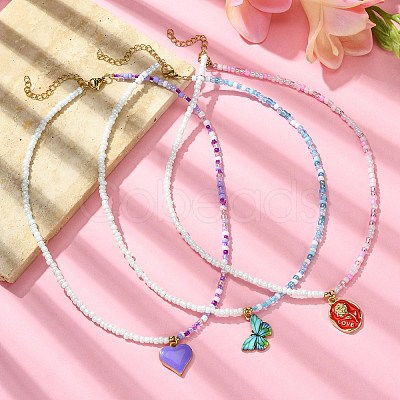 3Pcs 3 Style Alloy Enamel Pendant Necklaces Set with Glass Seed Beaded Chains NJEW-JN04457-1