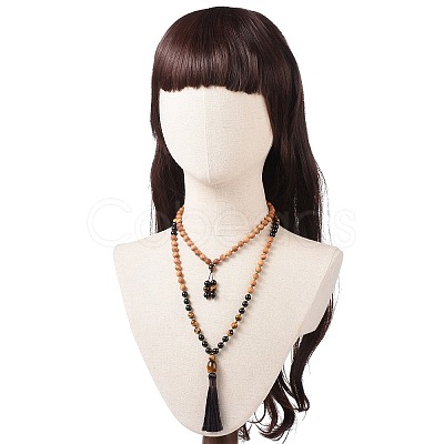 Wood & Tiger Eye Beads Wrap Necklaces NJEW-JN04135-1