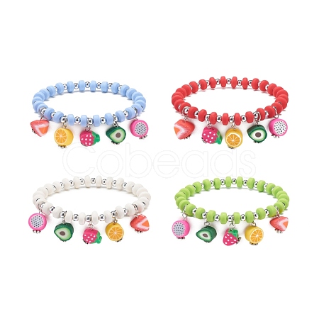 Polymer Clay & Plastic Beaded Stretch Bracelet with Fruit Charms for Women BJEW-JB08706-1