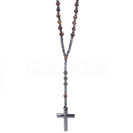 Natural Tiger Eye Rosary Bead Necklace WG81562-01-1