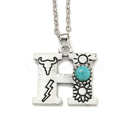 Letter A~Z Antique Silver Plated Alloy with Synthetic Turquoise Pendant Necklaces NJEW-G080-01H-1