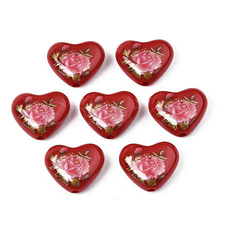 Flower Printed Opaque Acrylic Heart Beads SACR-S305-28-I04-1