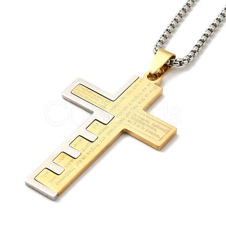 Cross with Word 304 Stainless Steel Pendant Necklace with Box Chains NJEW-F319-02G-1