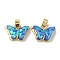 Real 18K Gold Plated Rack Plating Brass Pendants, with Resin Imitation Opal & Giltter, Long-Lasting Plated, Lead Free & Cadmium Free, Butterfly, Royal Blue, 11.5x15.5x5mm, Hole: 4x2.5mm