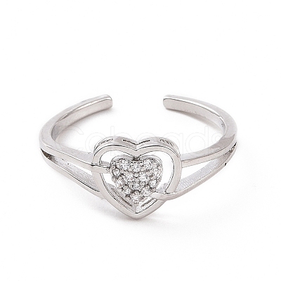 Clear Cubic Zirconia Heart Open Cuff Ring RJEW-G283-10P-1