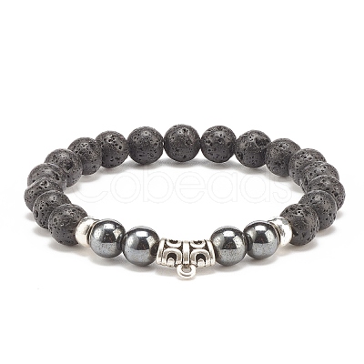 Natural Lava Rock & Synthetic Hematite Stretch Bracelet with Alloy Tube Beaded BJEW-JB08319-02-1