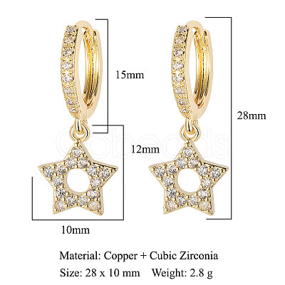 Clear Cubic Zirconia Star Dangle Hoop Earrings EJEW-OY001-18G-1