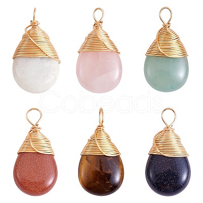 6Pcs 6 Styles Natural & Synthetic Gemstone Brass Pendants G-SZ0002-11-1