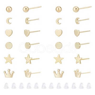 AHADERMAKER 12 Pairs 6 Style Tiny Ball & Crown & Heart & Moon & Star Brass Stud Earrings for Women KK-GA0001-50-1