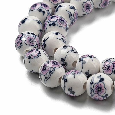 Handmade Flower Printed Porcelain Ceramic Beads Strands PORC-M007-10mm-05-1